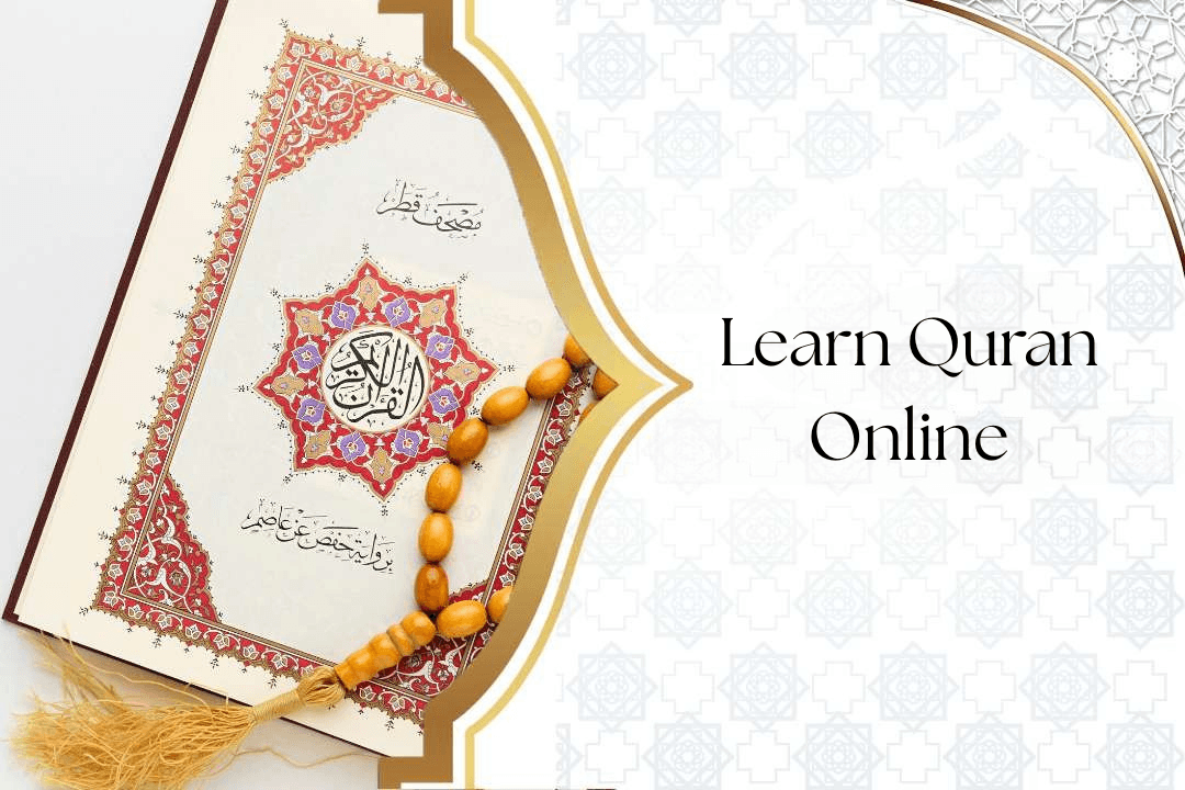 Student learning Quran online with teacher, Mushaf on rihāl, modest attire, respectful environment