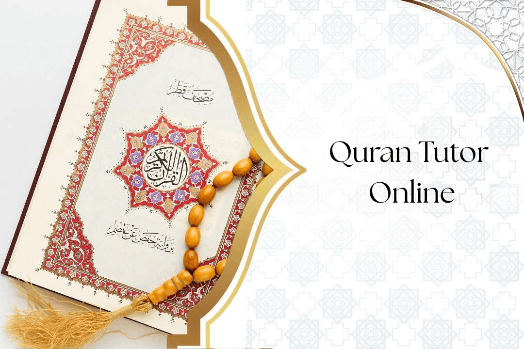 Personal Quran tutor teaching student online, both in modest attire, Mushaf on a stand, clean background