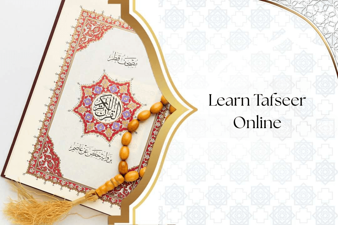 Student learning Quran Tafseer online with teacher, books on table, focused study environment